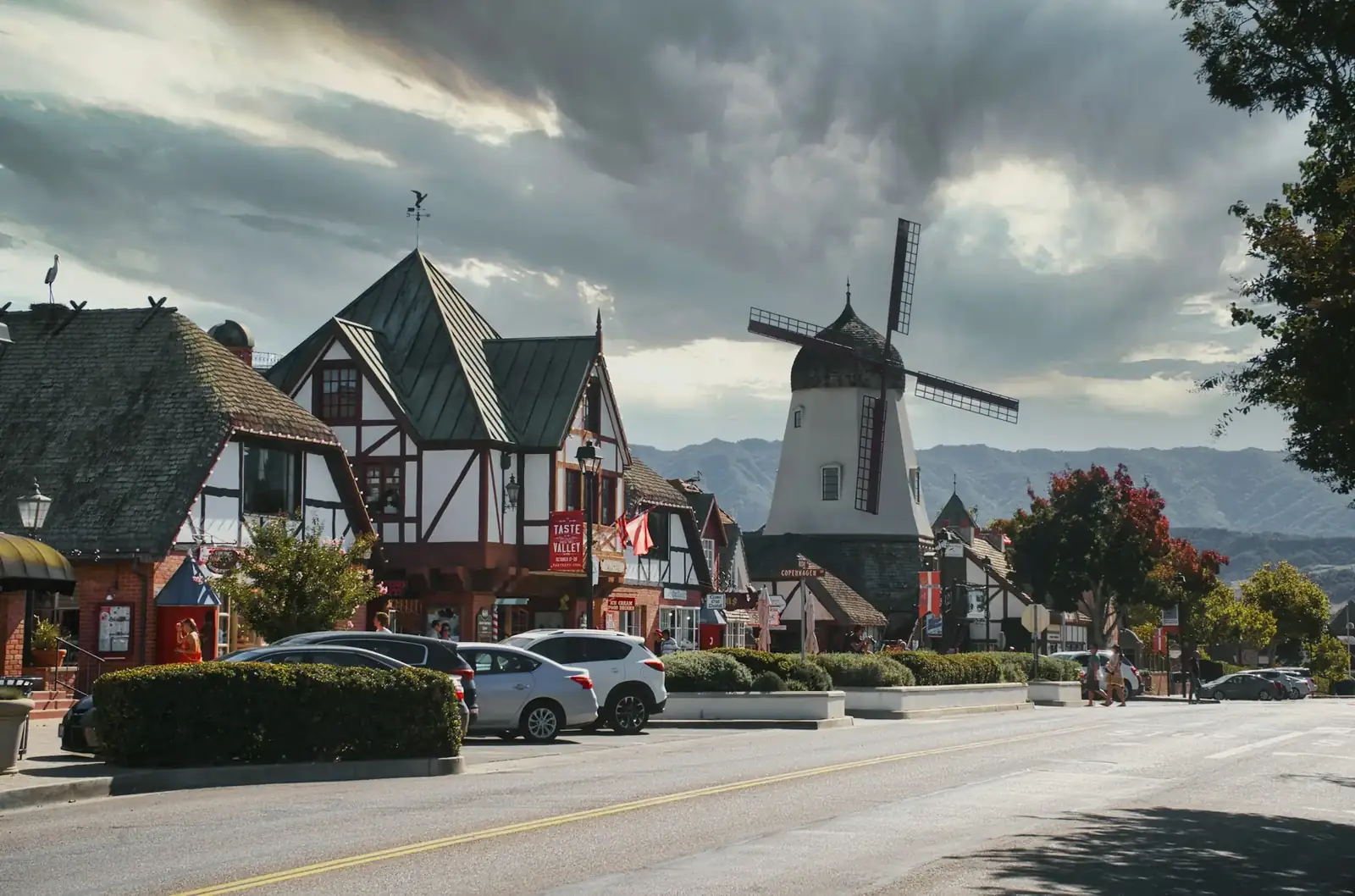 Solvang's Danish style main street and windmill with the Santa Ynez Mountains behind